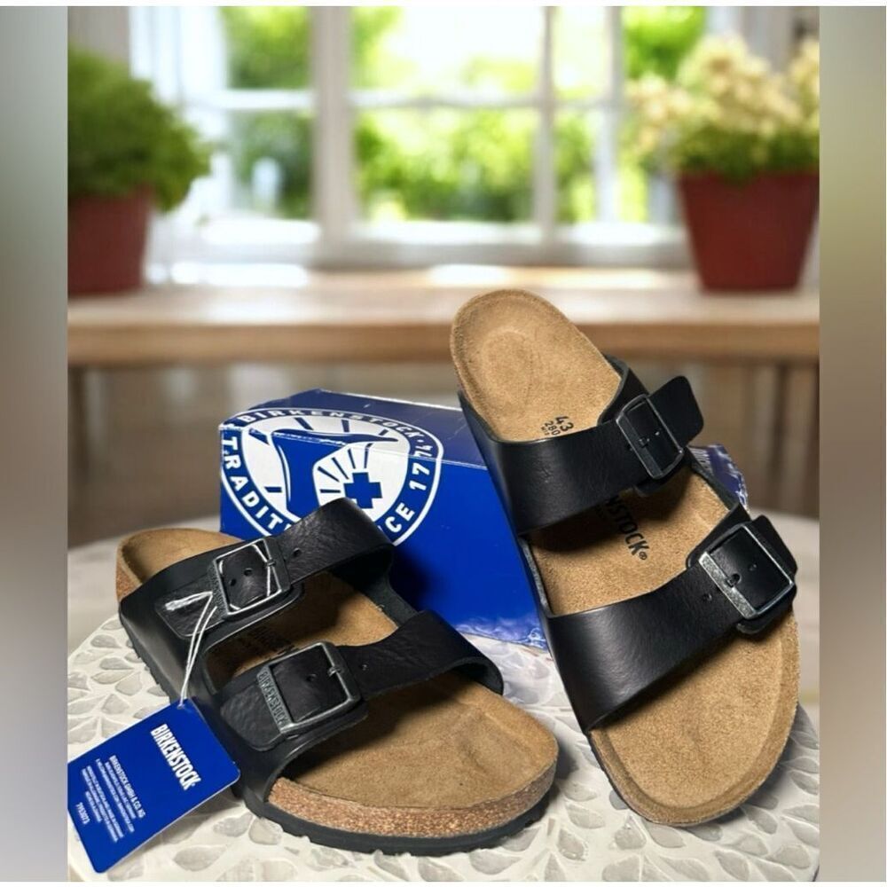 Birkenstock Arizona Grip Premium Leather Sandals Black Vintage Wood Unisex 43 EU